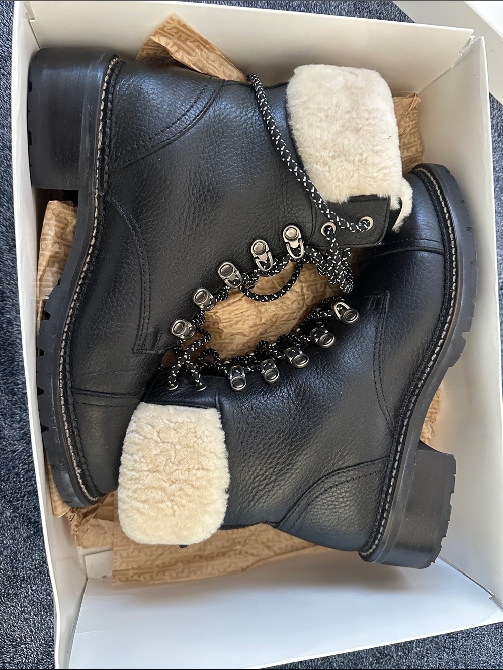 Frye Black Leather Ankle Boots with Cream Shearling Cuffs